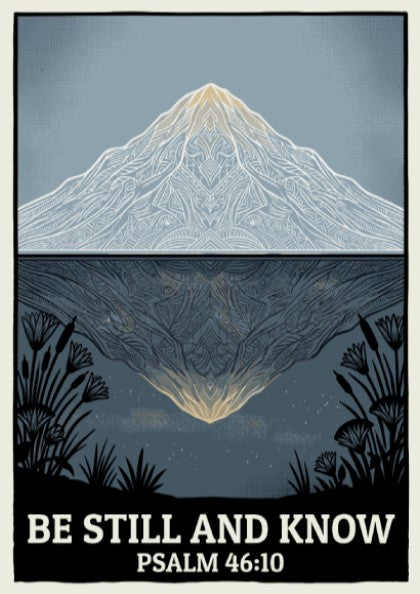Poster featuring a symmetrical mountain reflection in blue and cream with Psalm 46:10 text.