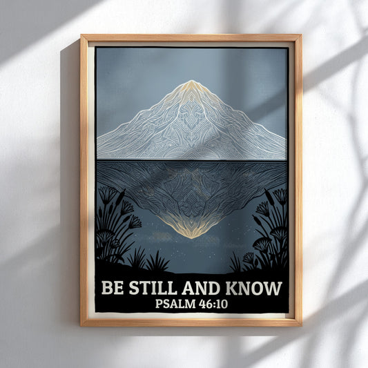 Poster featuring a symmetrical mountain reflection in blue and cream with Psalm 46:10 text.