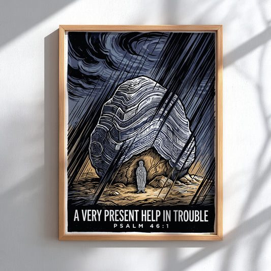Poster featuring a figure sheltered by a massive rock during a dark storm