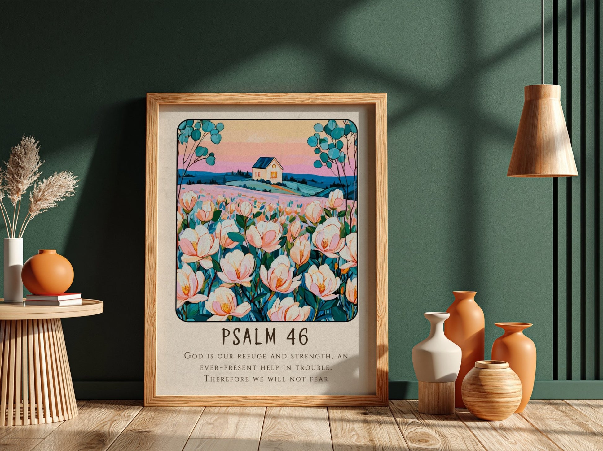 Psalm 46 poster featuring soft pastel colors and flowers, inspirational wall art