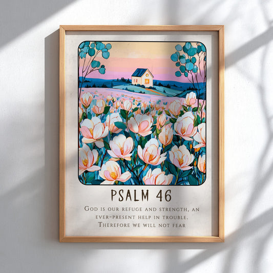 Psalm 46 poster featuring soft pastel colors and flowers, inspirational wall art