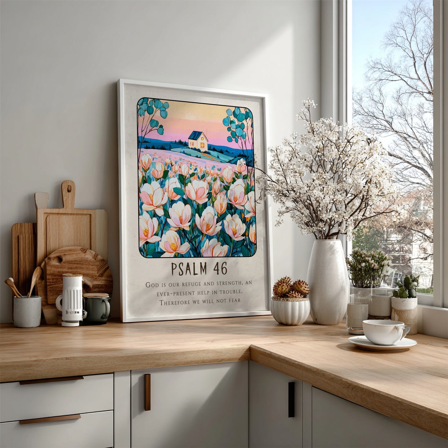 Psalm 46 poster featuring soft pastel colors and flowers, inspirational wall art