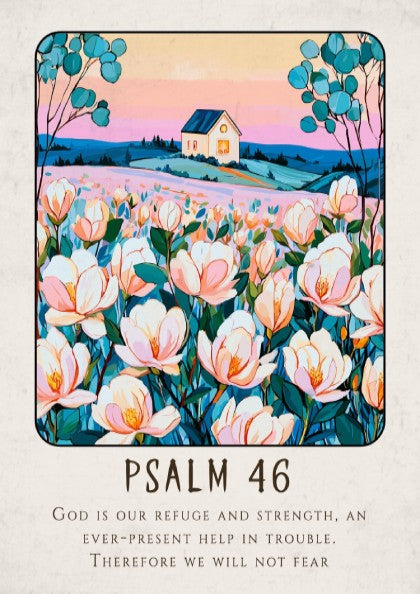 Psalm 46 poster featuring soft pastel colors and flowers, inspirational wall art