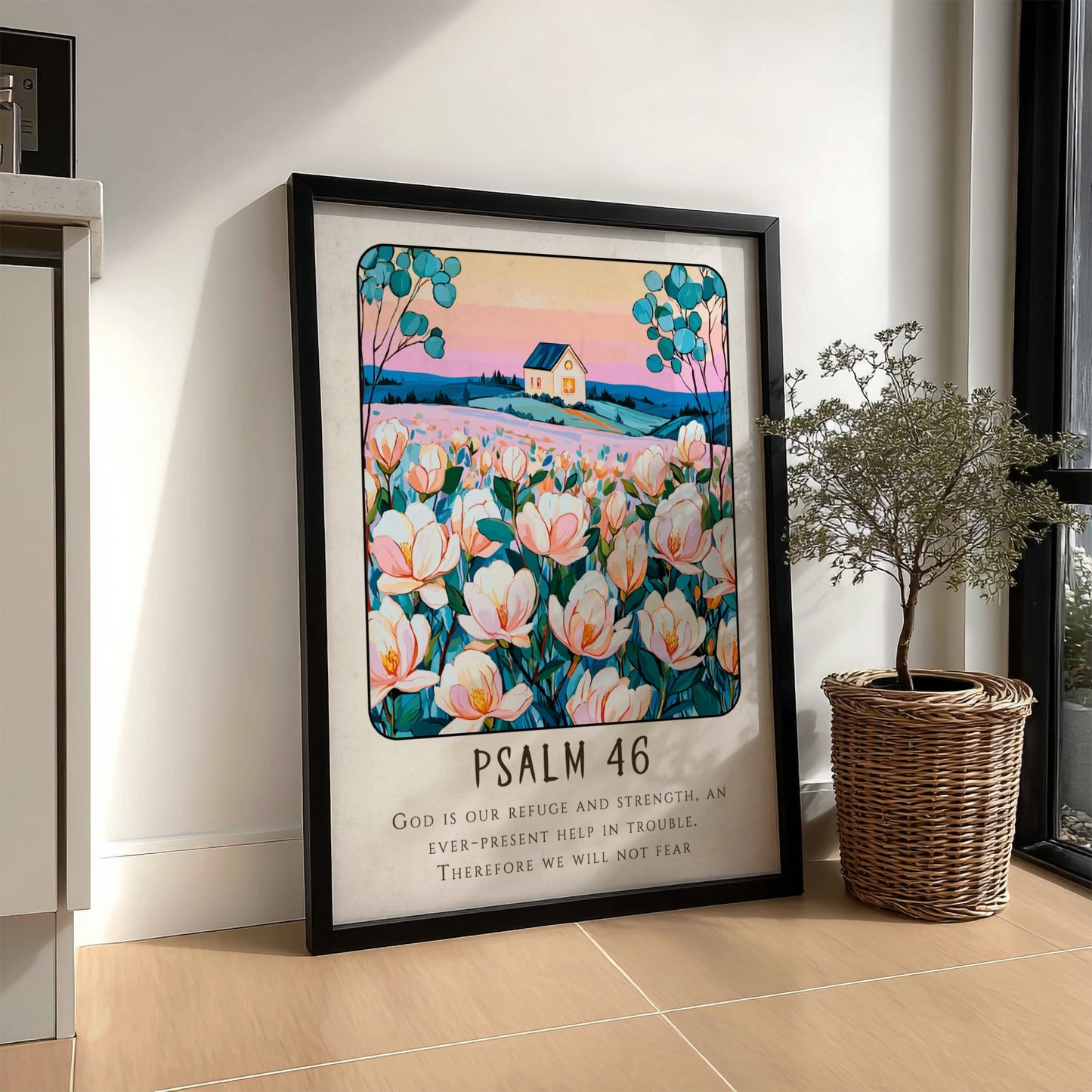 Psalm 46 poster featuring soft pastel colors and flowers, inspirational wall art
