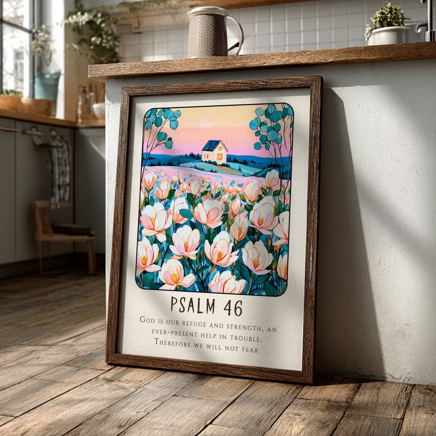 Psalm 46 poster featuring soft pastel colors and flowers, inspirational wall art