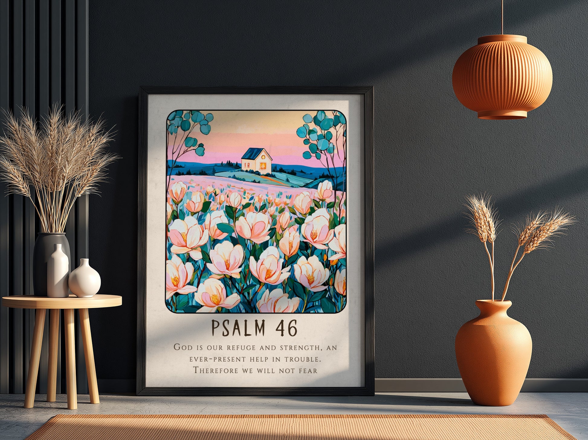 Psalm 46 poster featuring soft pastel colors and flowers, inspirational wall art