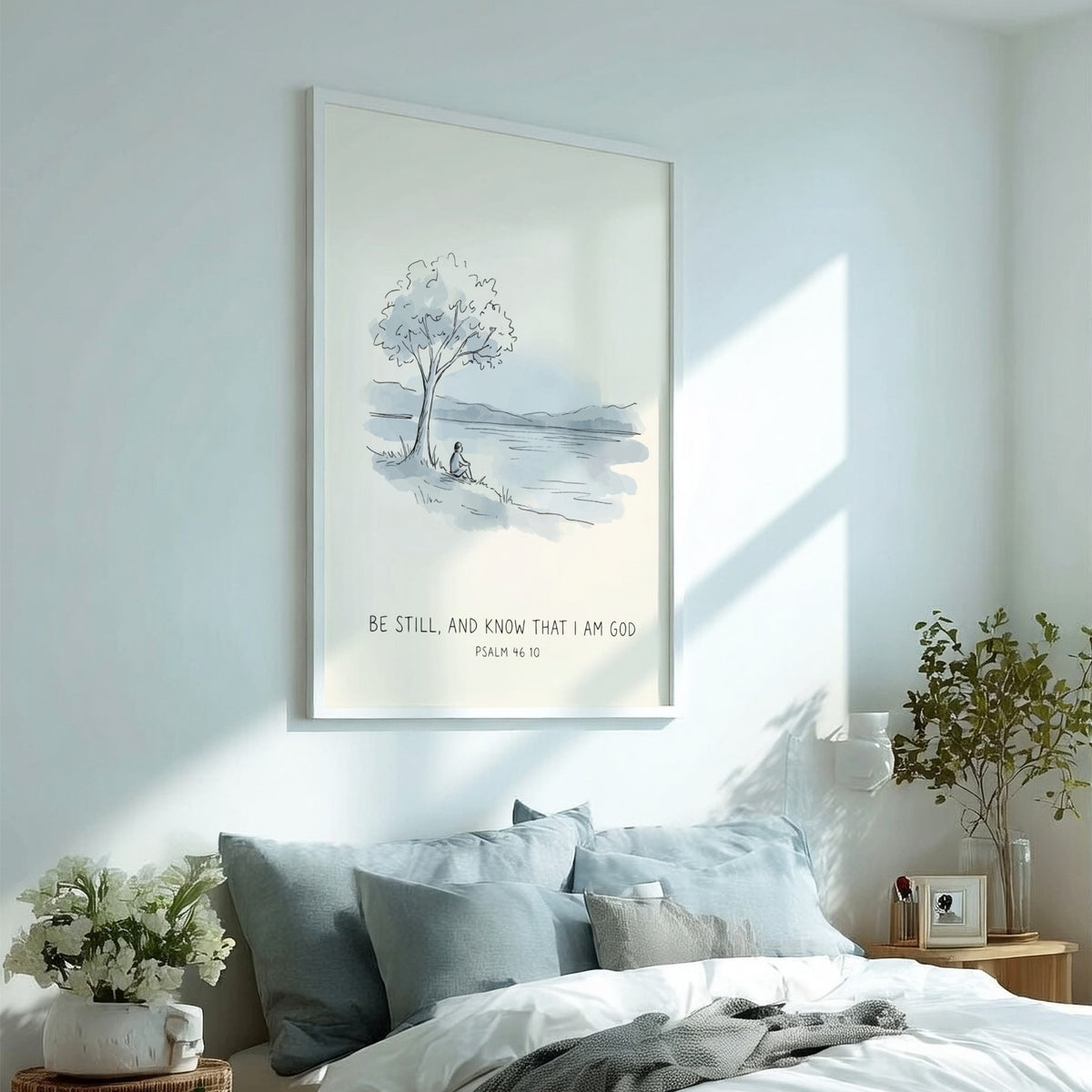 Poster featuring a peaceful watercolour landscape with a person sitting under a tree.