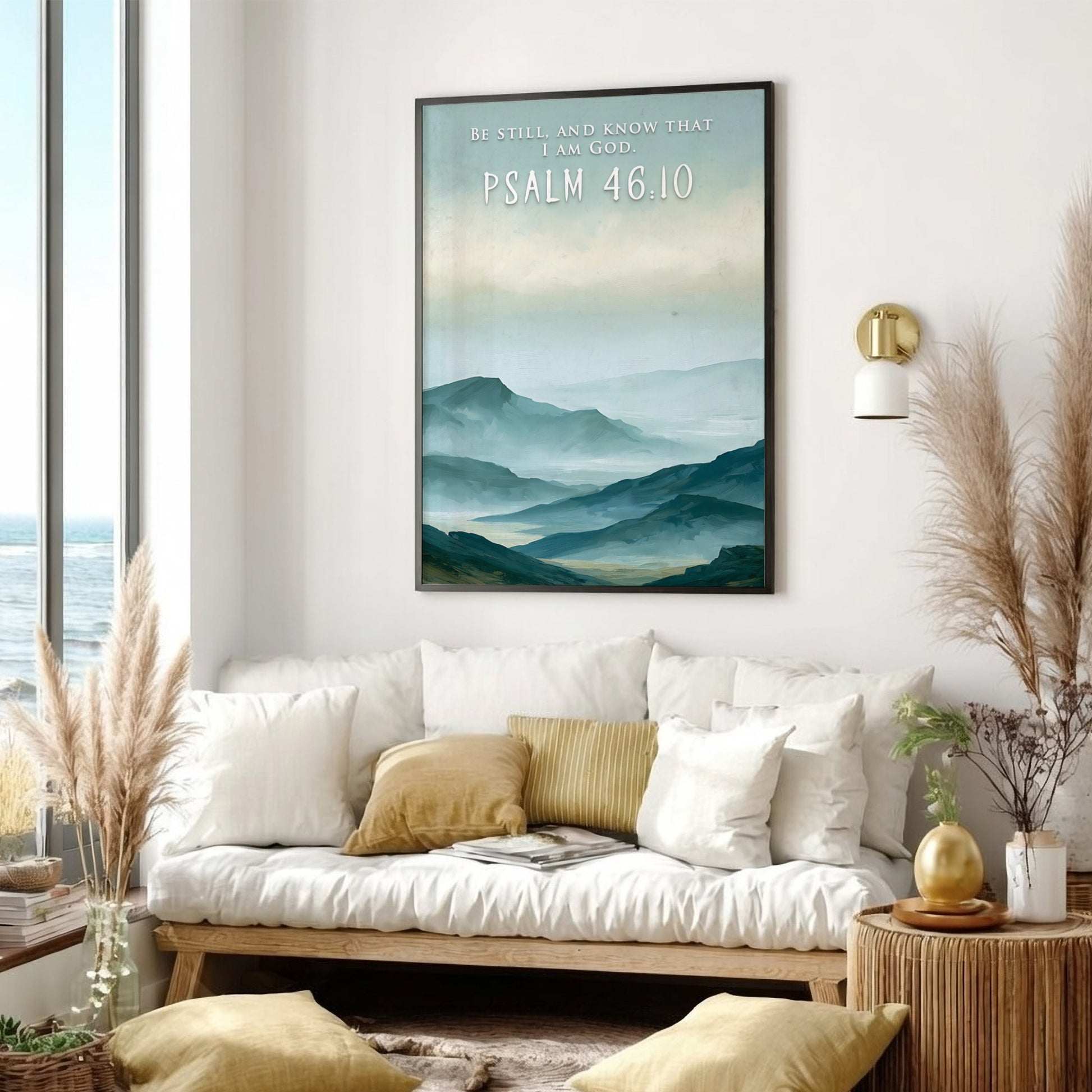 Poster featuring soft blue mountain ranges with the text Be Still And Know That I Am God.