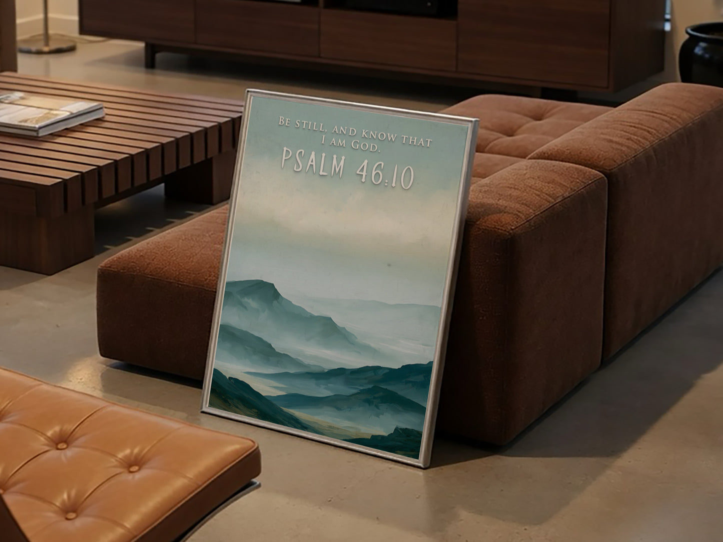Poster featuring soft blue mountain ranges with the text Be Still And Know That I Am God.