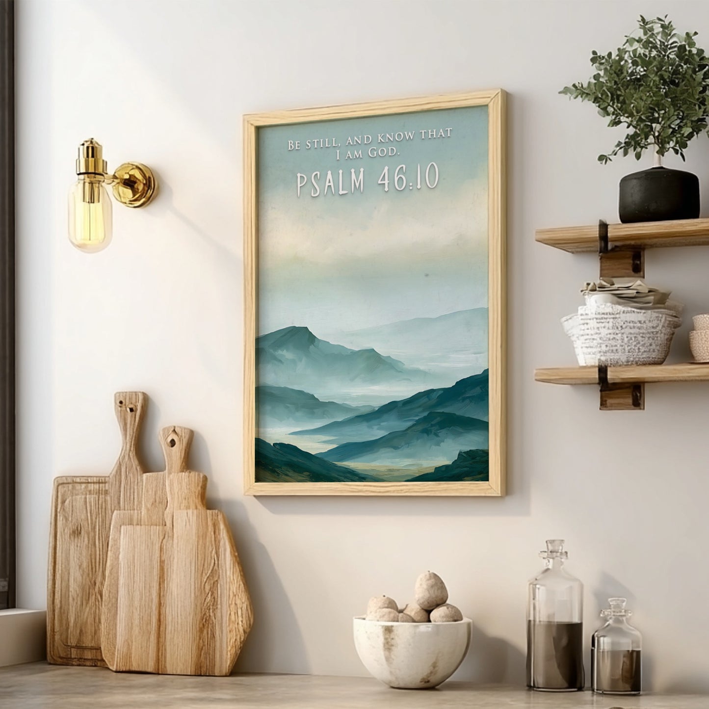 Poster featuring soft blue mountain ranges with the text Be Still And Know That I Am God.