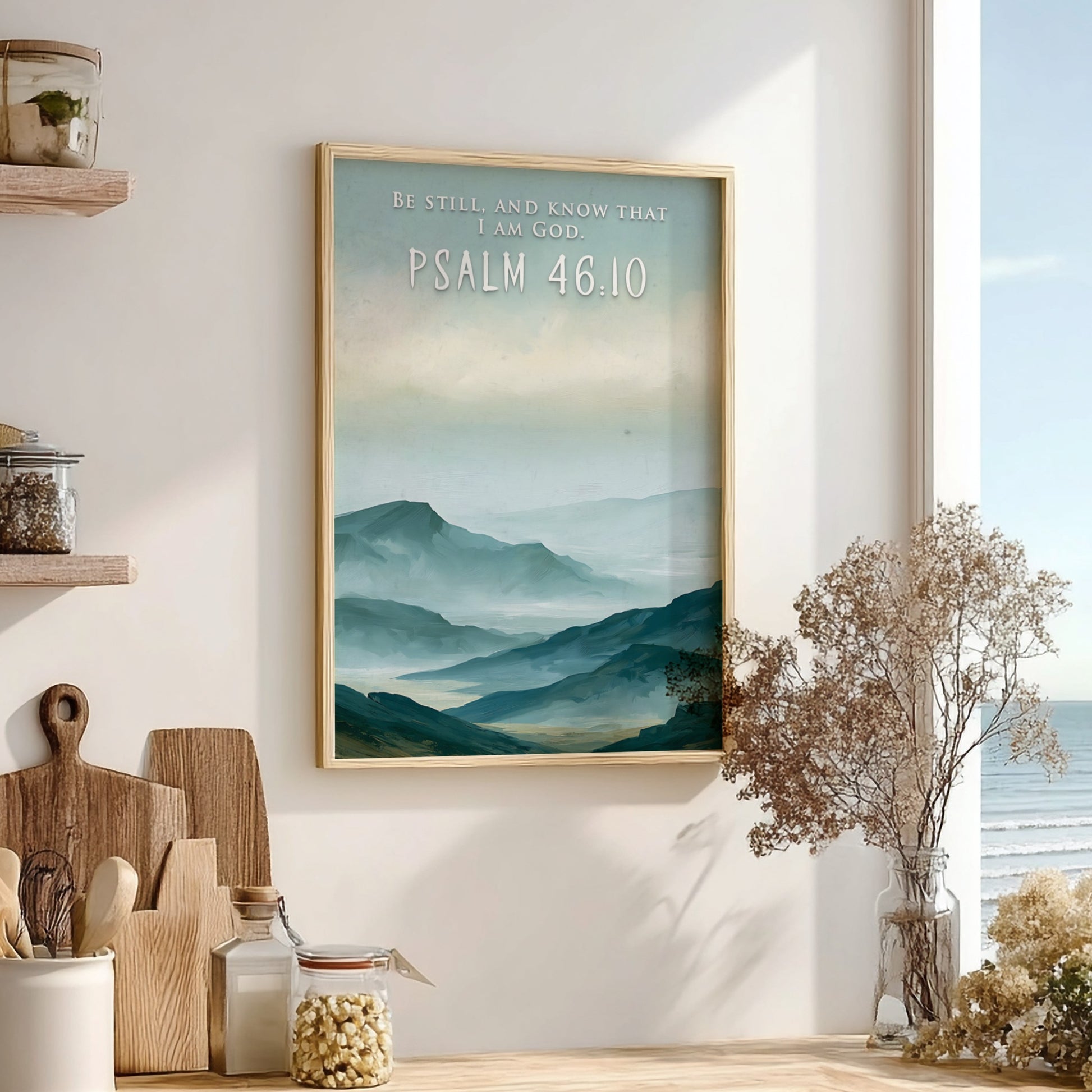 Poster featuring soft blue mountain ranges with the text Be Still And Know That I Am God.