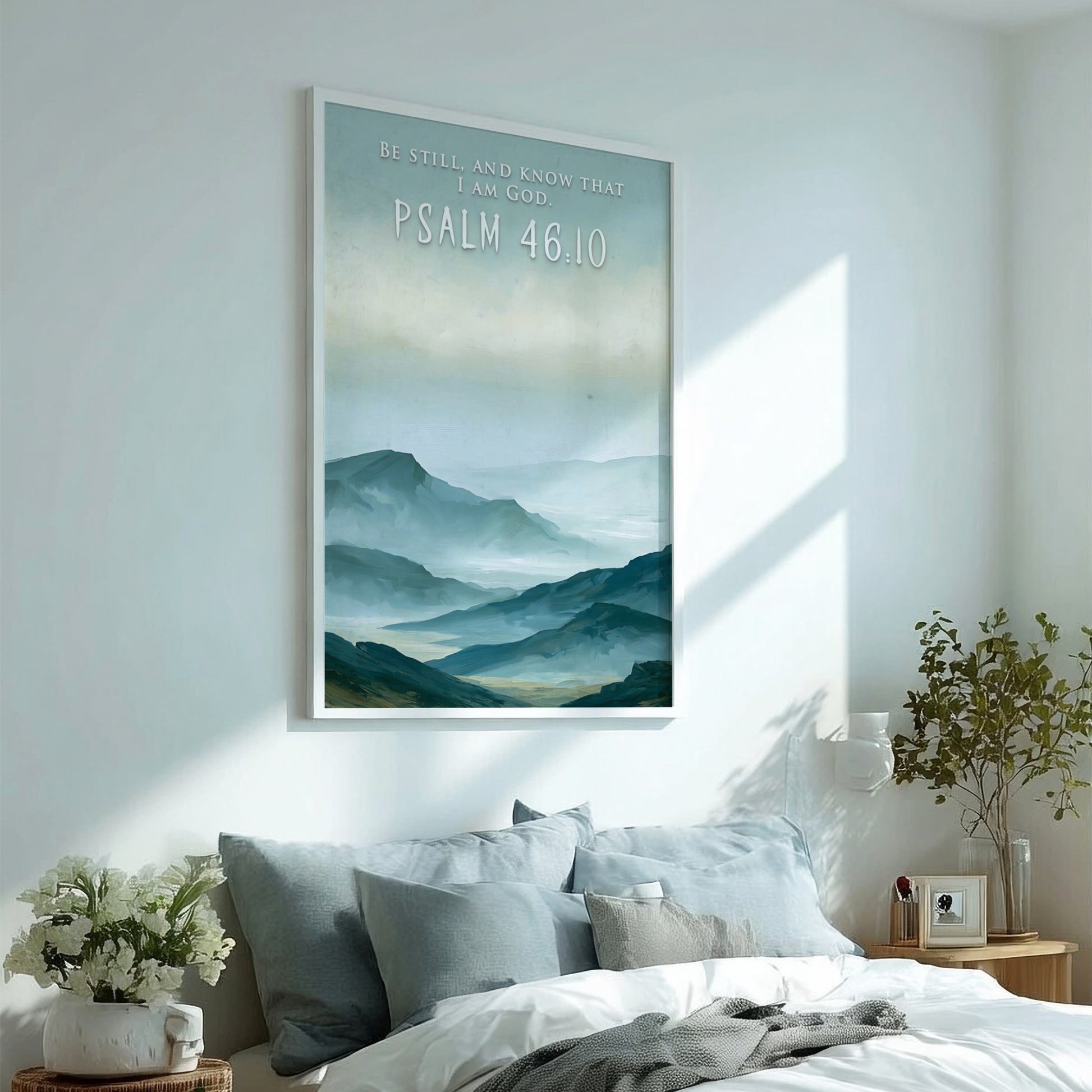 Poster featuring soft blue mountain ranges with the text Be Still And Know That I Am God.