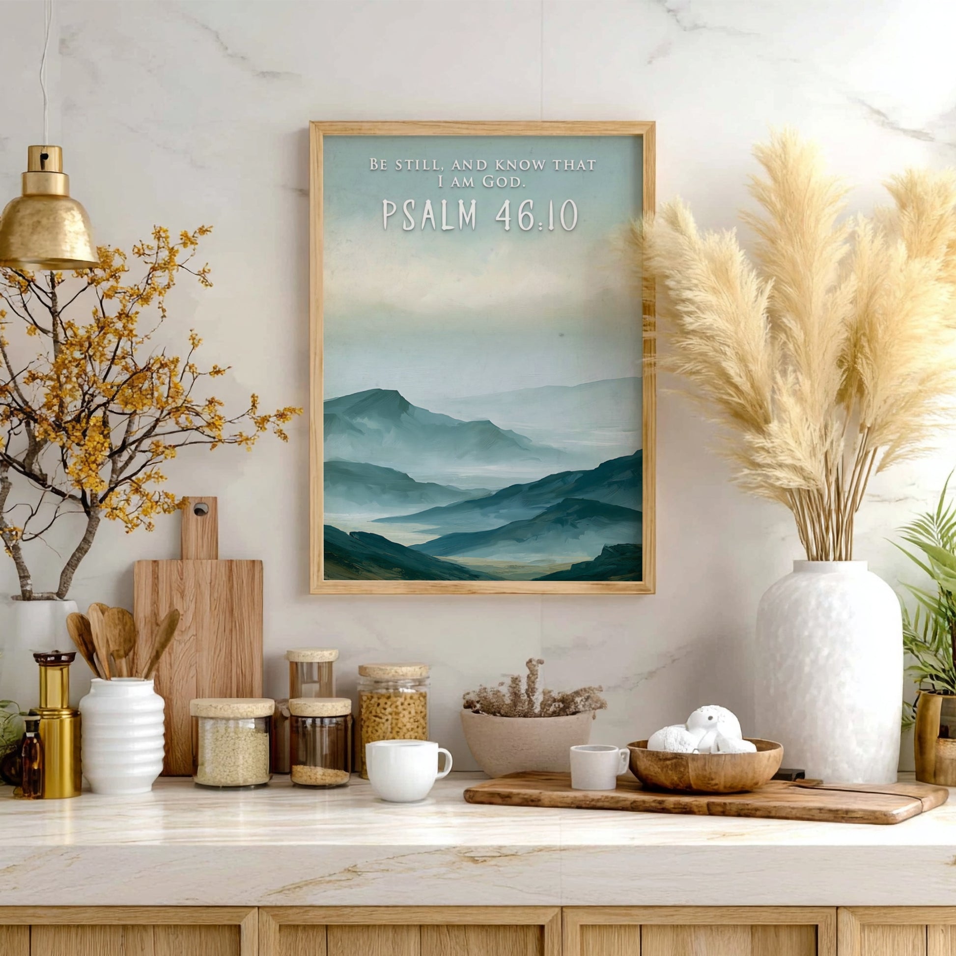 Poster featuring soft blue mountain ranges with the text Be Still And Know That I Am God.