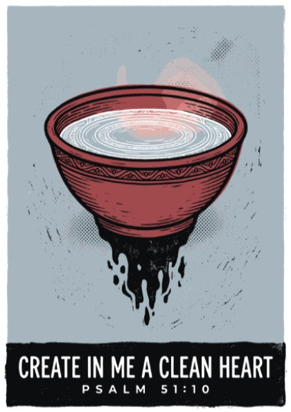 Poster featuring a bowl of water with ink dripping below and religious text.