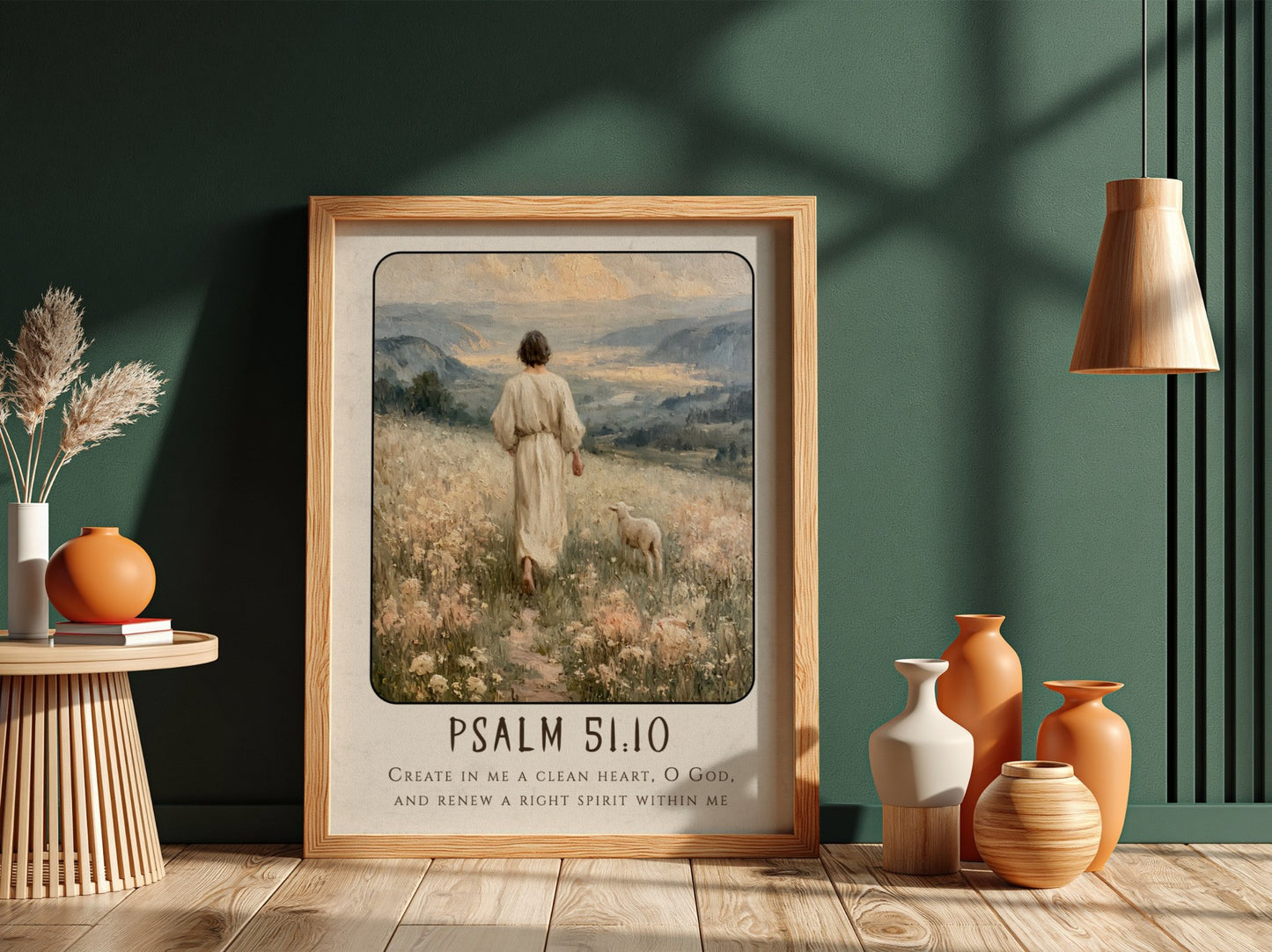 Psalm 51:10 poster featuring a serene landscape with soft colors, ideal for Christian wall art and spiritual