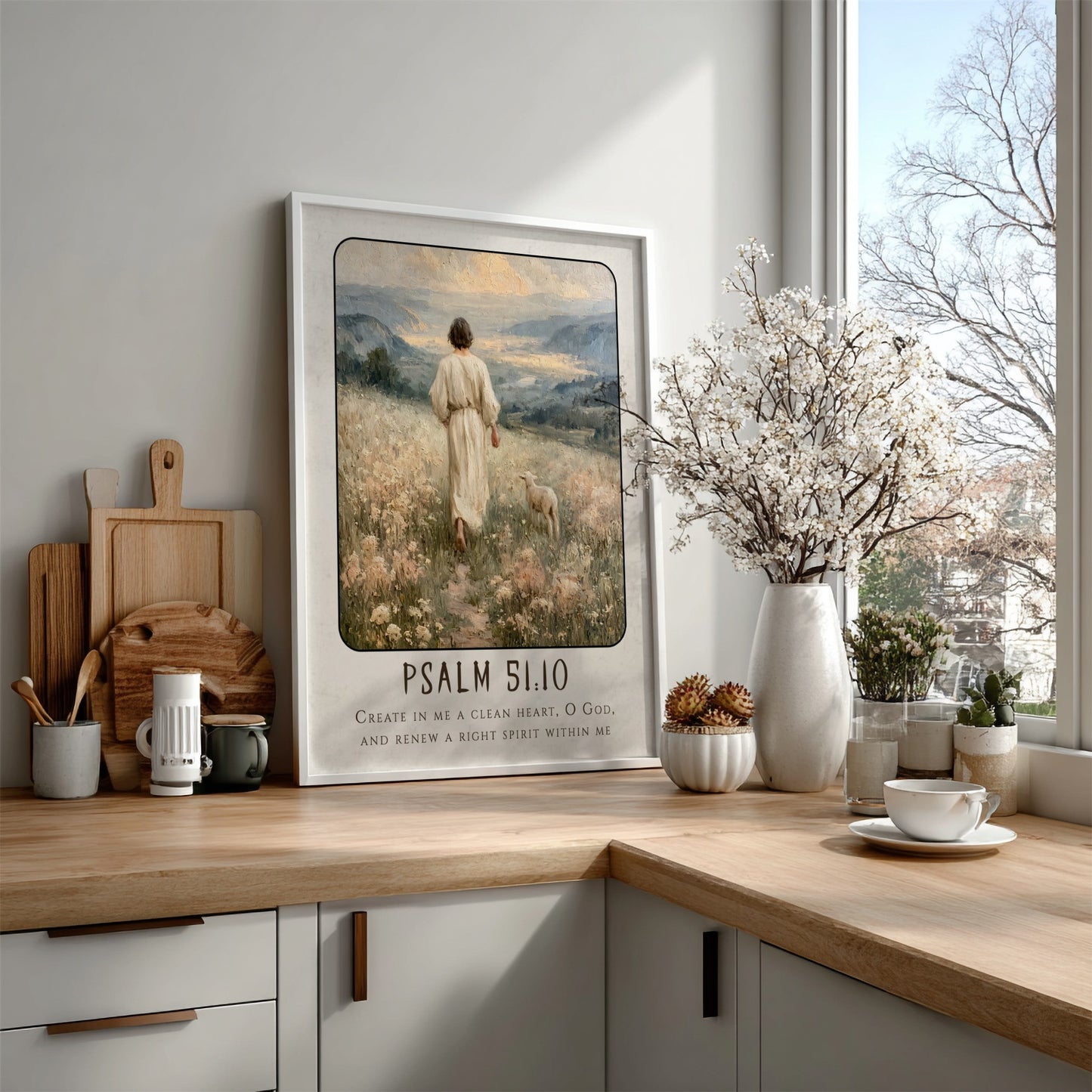 Psalm 51:10 poster featuring a serene landscape with soft colors, ideal for Christian wall art and spiritual