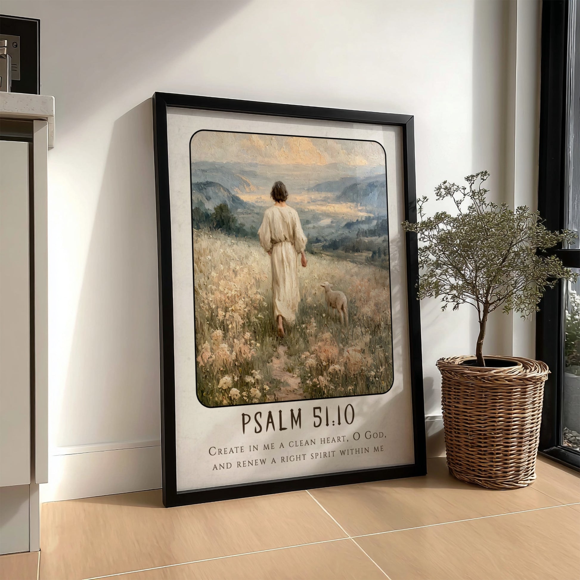 Psalm 51:10 poster featuring a serene landscape with soft colors, ideal for Christian wall art and spiritual