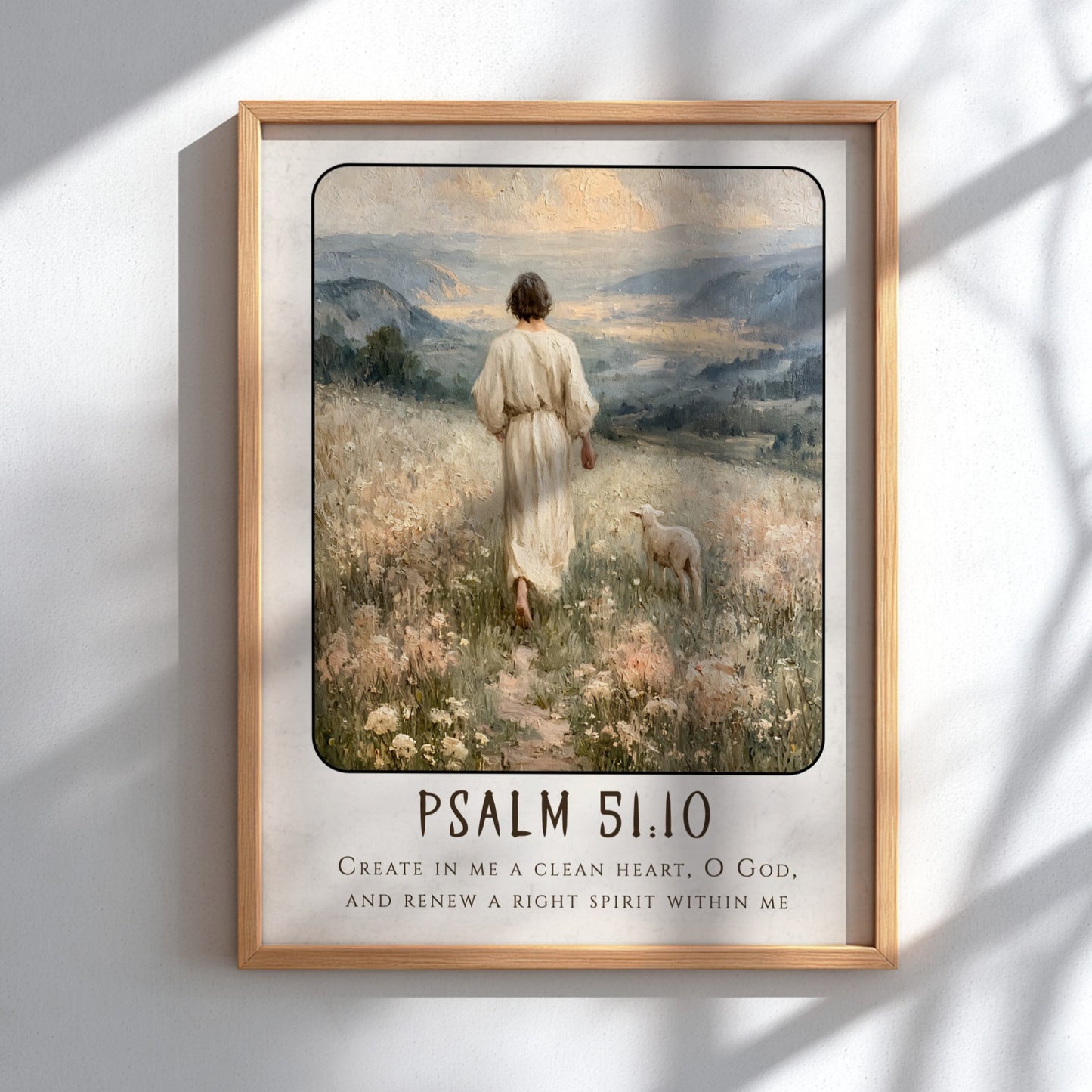 Psalm 51:10 poster featuring a serene landscape with soft colors, ideal for Christian wall art and spiritual