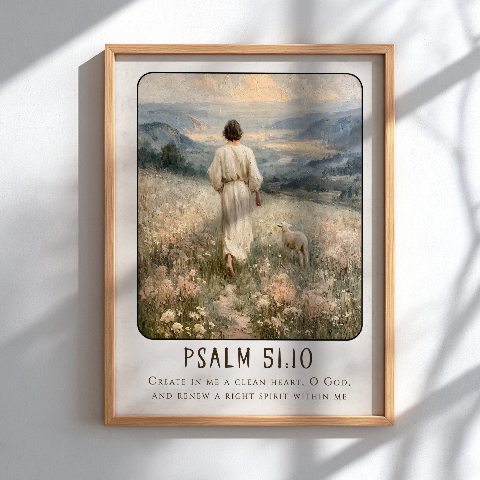 Psalm 51:10 poster featuring a serene landscape with soft colors, ideal for Christian wall art and spiritual