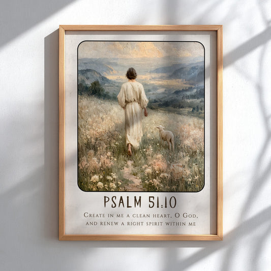 Psalm 51:10 poster featuring a serene landscape with soft colors, ideal for Christian wall art and spiritual