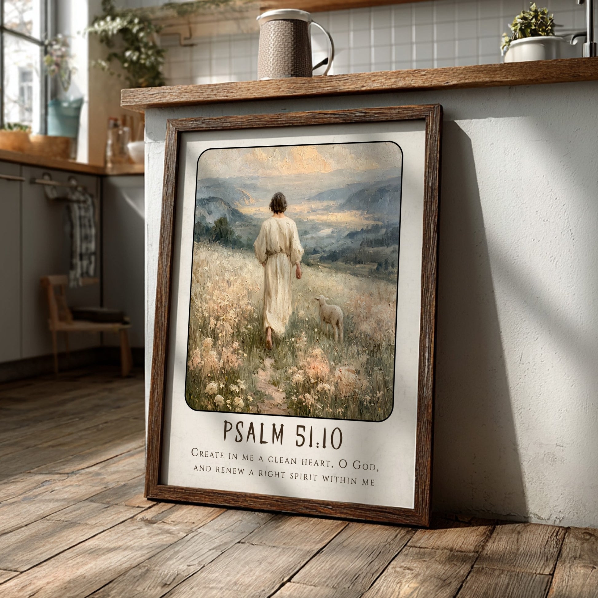 Psalm 51:10 poster featuring a serene landscape with soft colors, ideal for Christian wall art and spiritual
