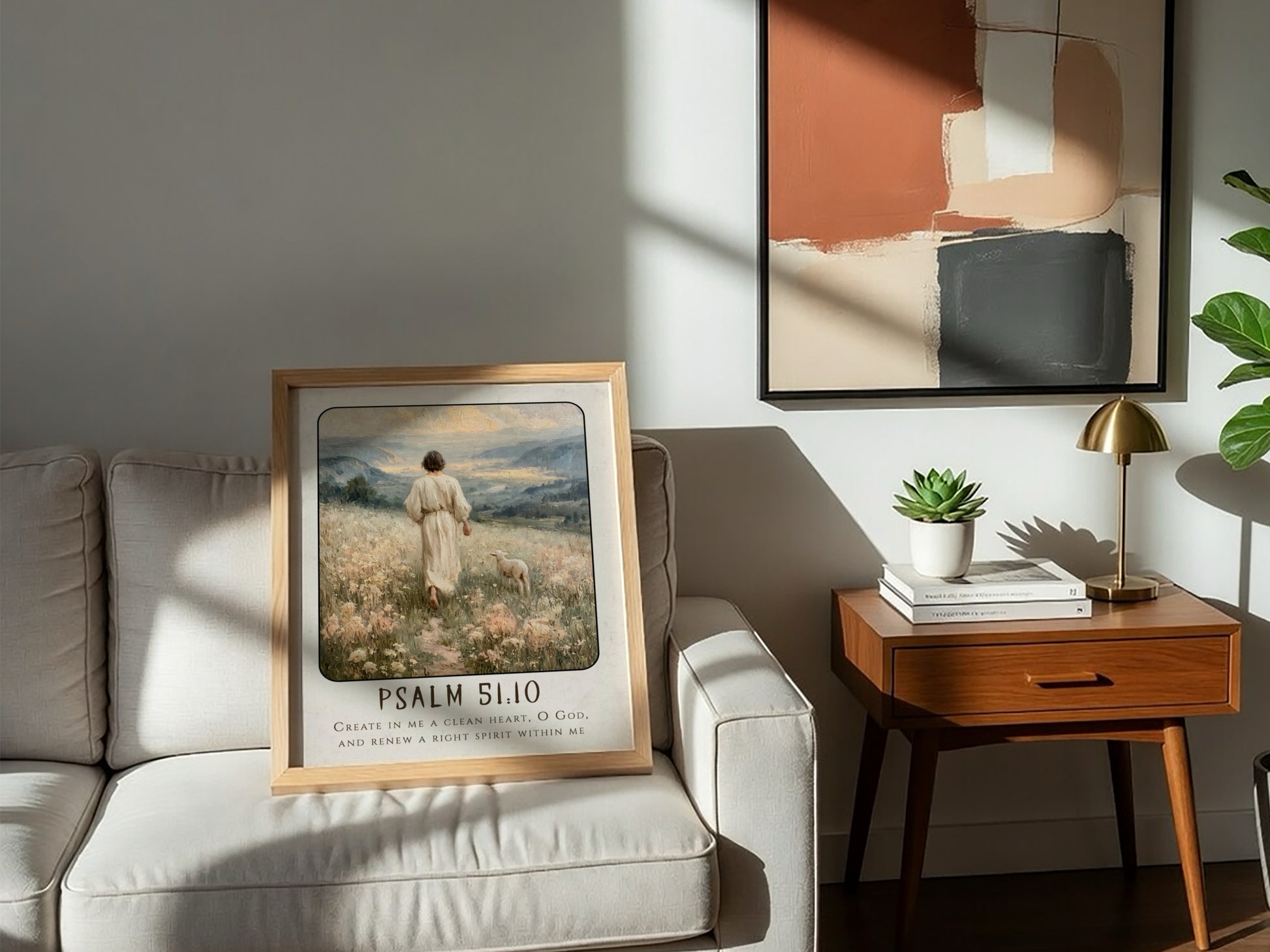 Psalm 51:10 poster featuring a serene landscape with soft colors, ideal for Christian wall art and spiritual
