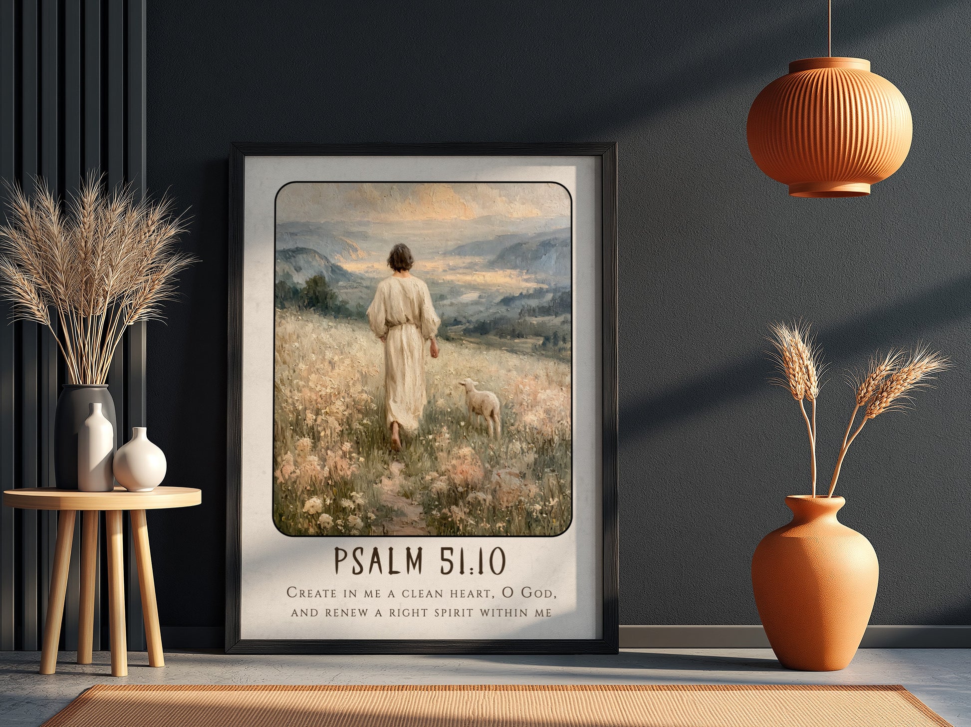 Psalm 51:10 poster featuring a serene landscape with soft colors, ideal for Christian wall art and spiritual