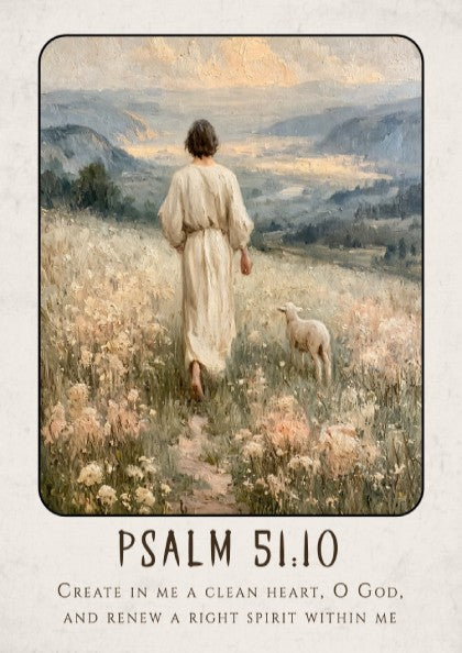 Psalm 51:10 poster featuring a serene landscape with soft colors, ideal for Christian wall art and spiritual