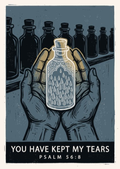 Poster displaying hands holding a bottle of tears with blue and charcoal tones.