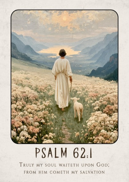 Psalm 62:1 poster featuring a serene landscape with a figure and sheep in soft pastel colors, ideal for