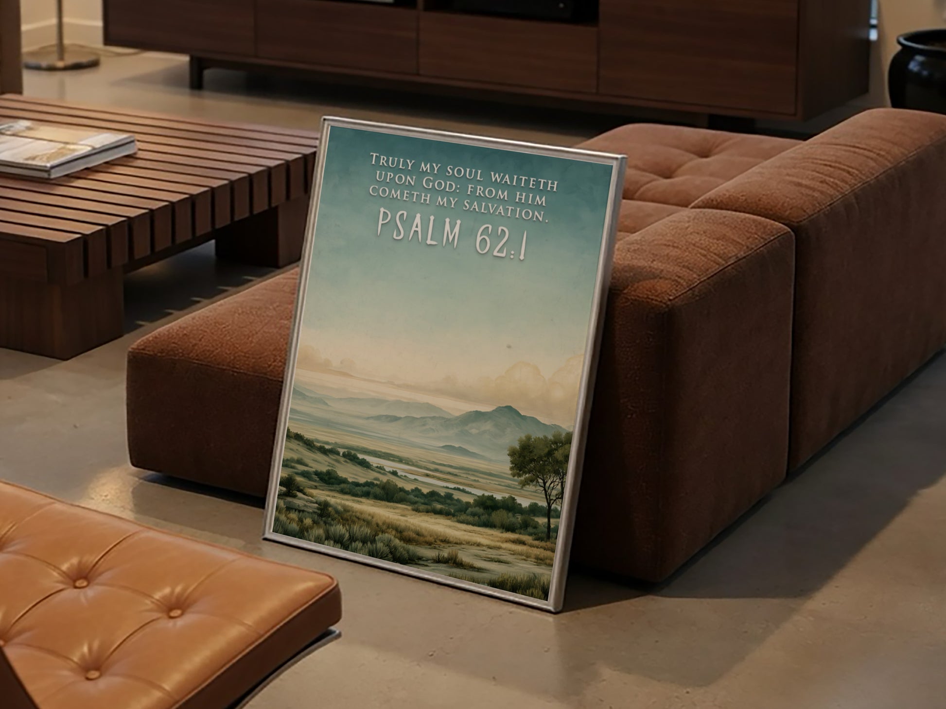 Poster displaying a serene landscape with rolling hills and the text Psalm 62:1