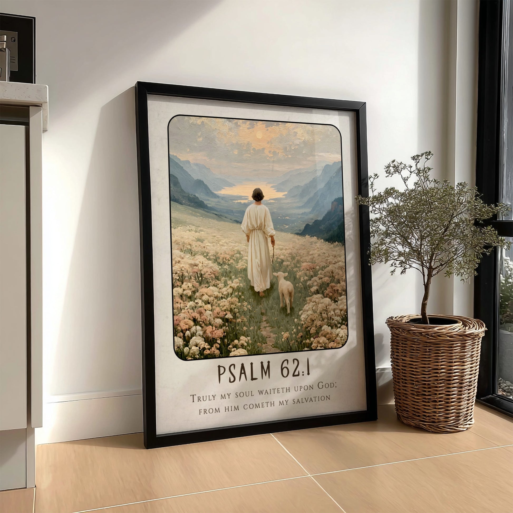 Psalm 62:1 poster featuring a serene landscape with a figure and sheep in soft pastel colors, ideal for