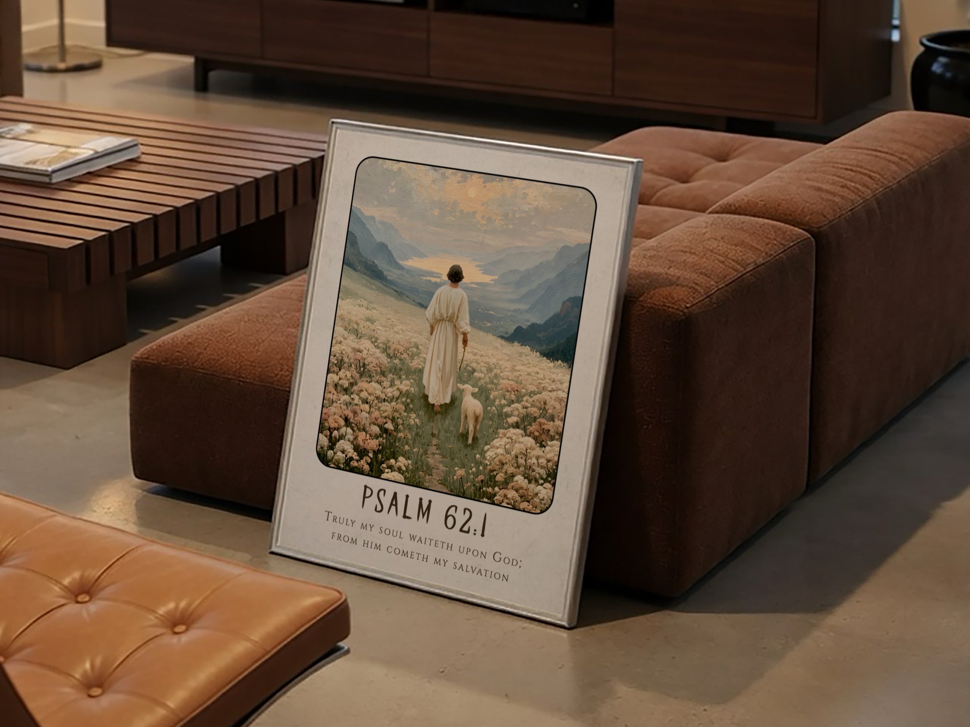 Psalm 62:1 poster featuring a serene landscape with a figure and sheep in soft pastel colors, ideal for