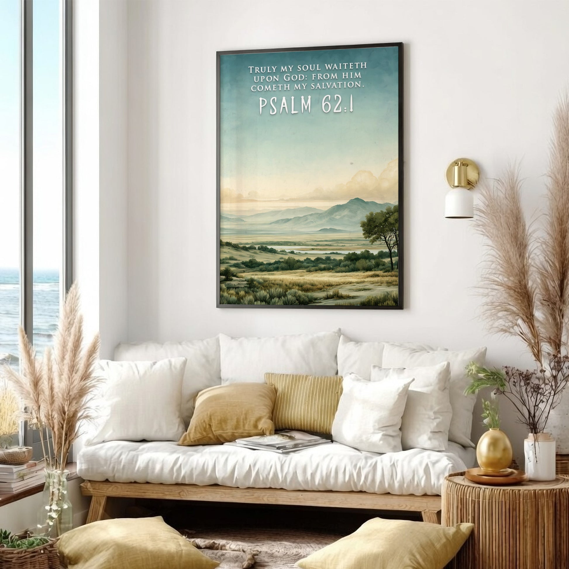 Poster displaying a serene landscape with rolling hills and the text Psalm 62:1