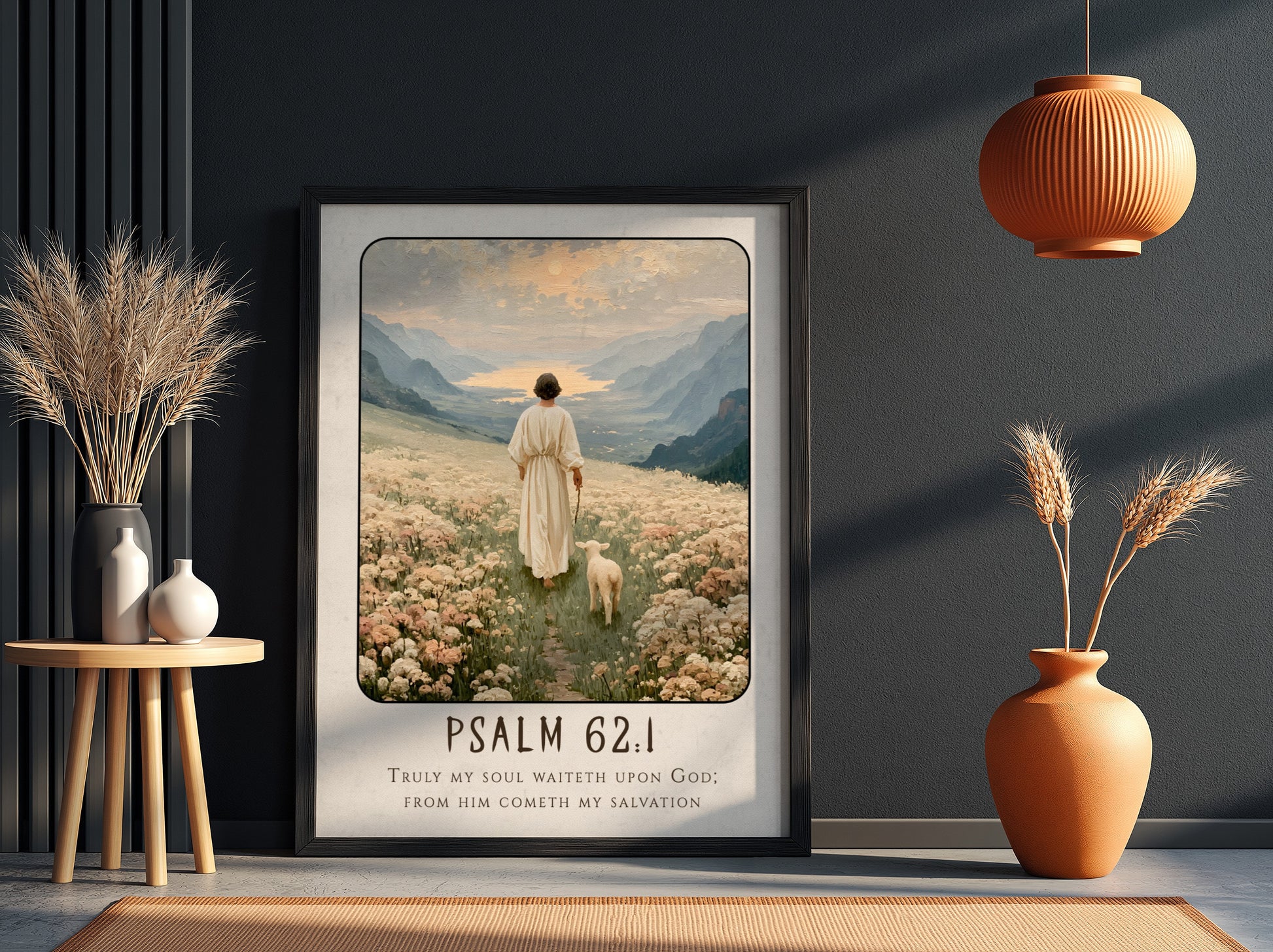 Psalm 62:1 poster featuring a serene landscape with a figure and sheep in soft pastel colors, ideal for