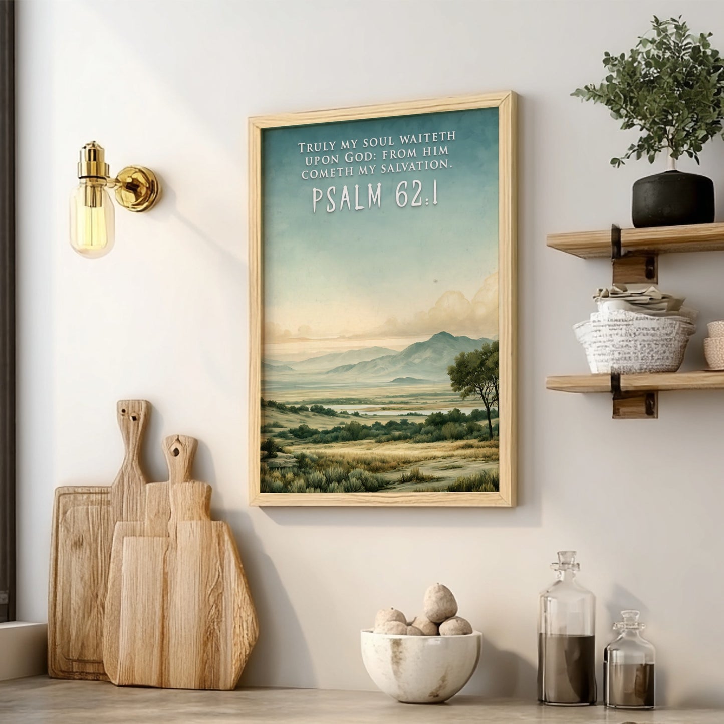 Poster displaying a serene landscape with rolling hills and the text Psalm 62:1