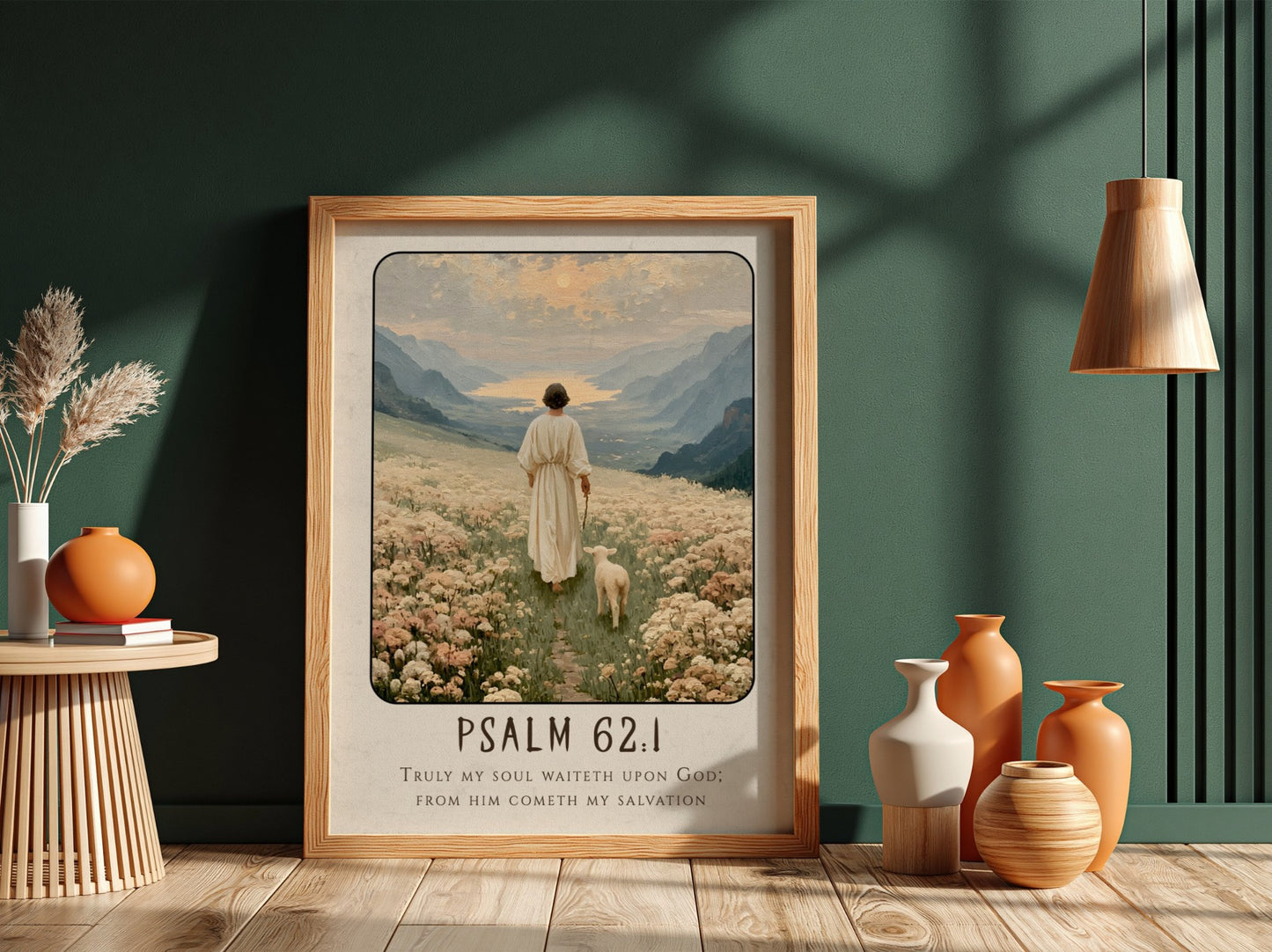 Psalm 62:1 poster featuring a serene landscape with a figure and sheep in soft pastel colors, ideal for