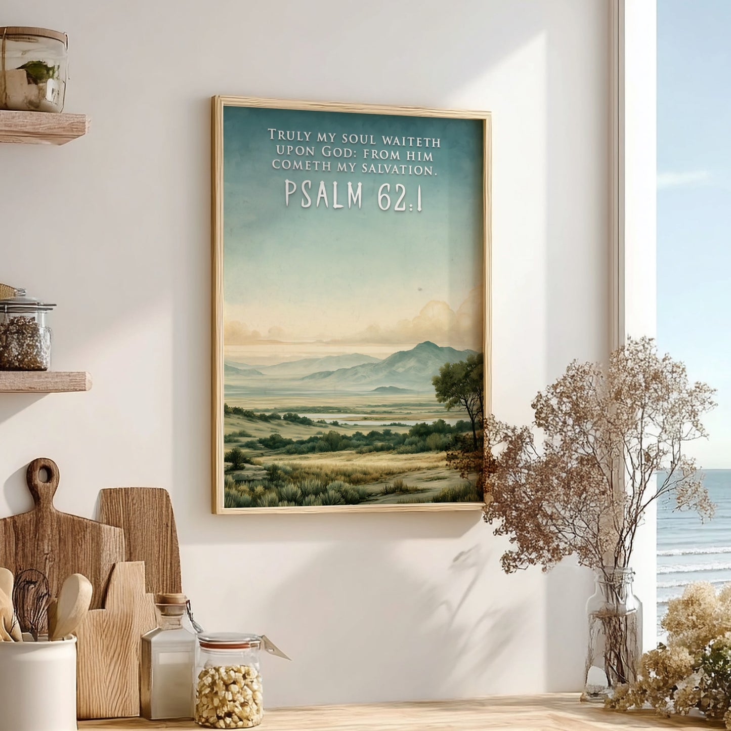 Poster displaying a serene landscape with rolling hills and the text Psalm 62:1