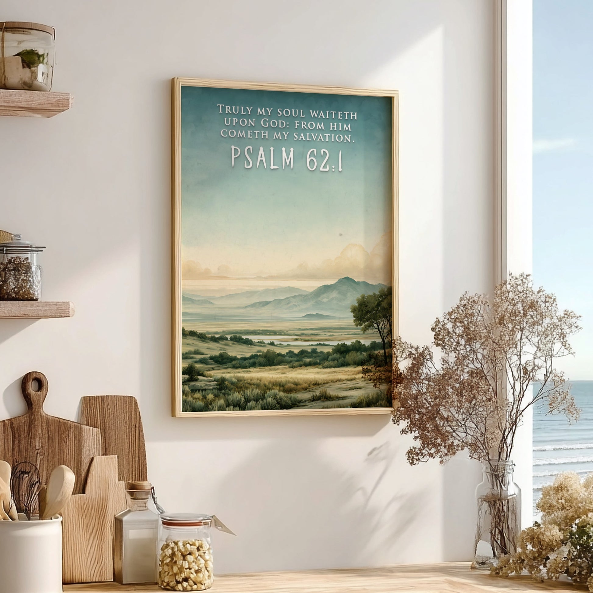 Poster displaying a serene landscape with rolling hills and the text Psalm 62:1