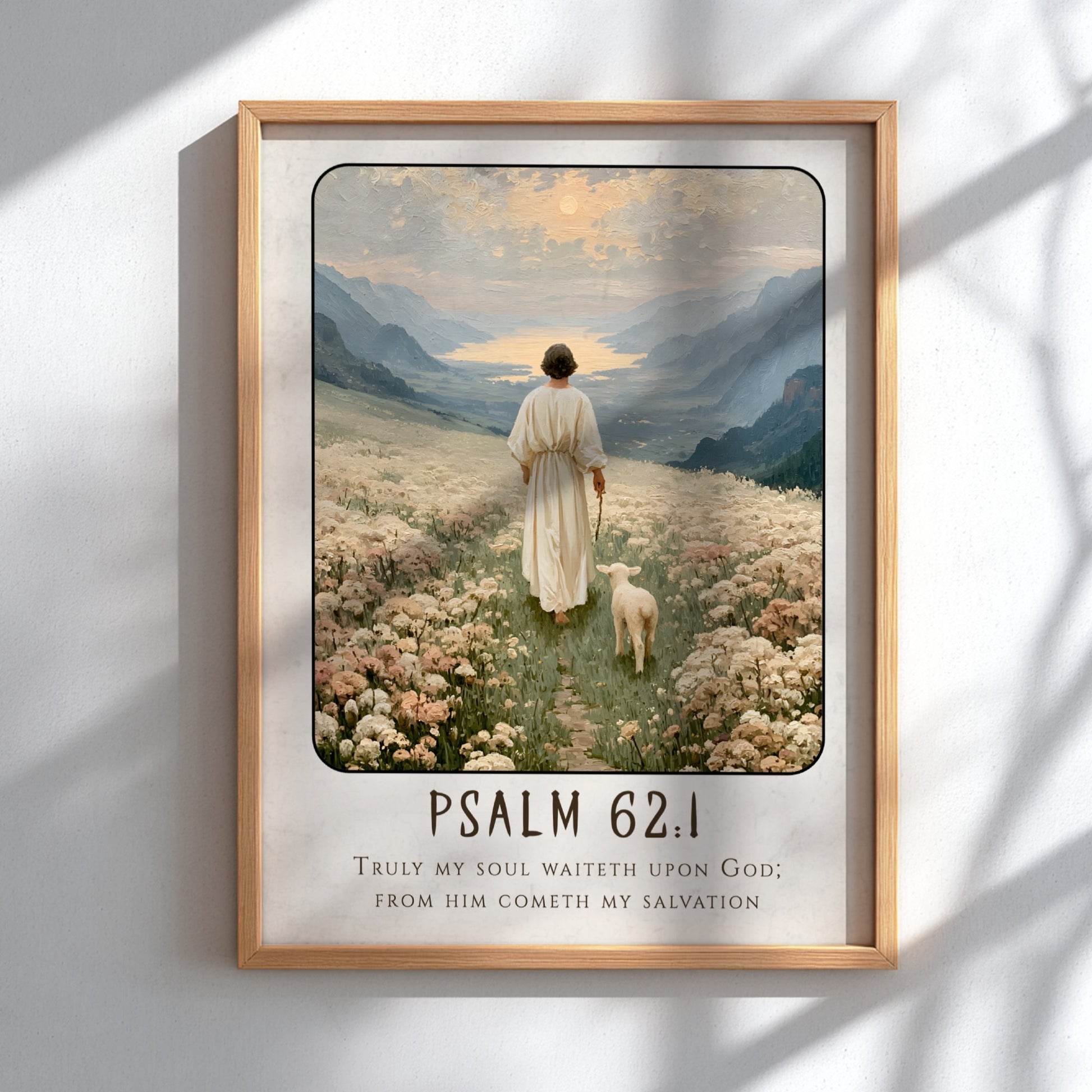 Psalm 62:1 poster featuring a serene landscape with a figure and sheep in soft pastel colors, ideal for
