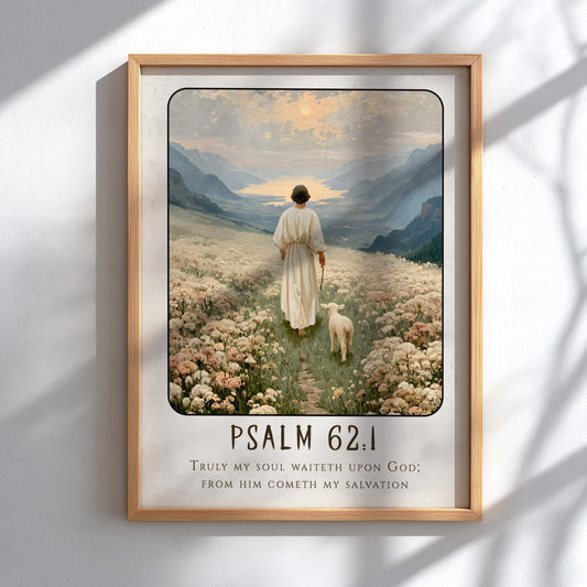Psalm 62:1 poster featuring a serene landscape with a figure and sheep in soft pastel colors, ideal for