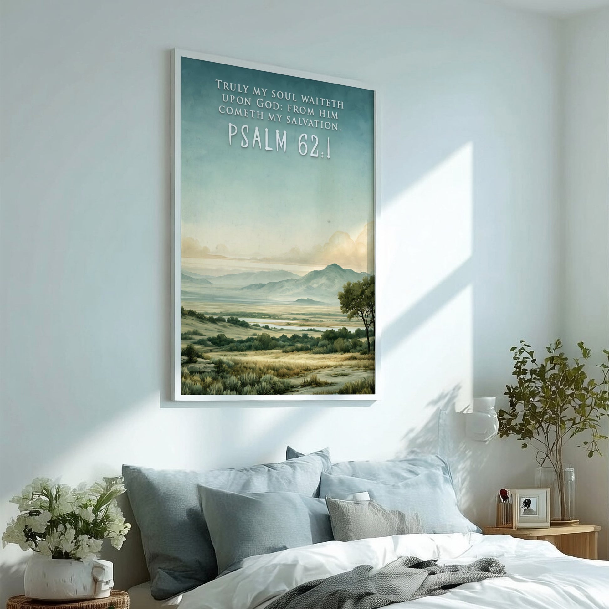 Poster displaying a serene landscape with rolling hills and the text Psalm 62:1