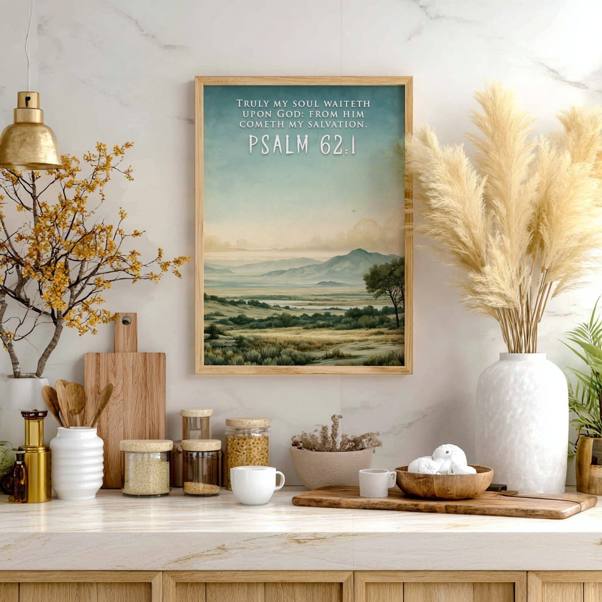 Poster displaying a serene landscape with rolling hills and the text Psalm 62:1
