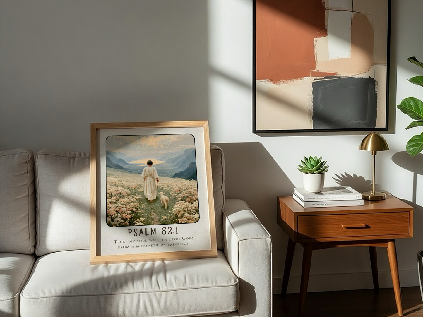 Psalm 62:1 poster featuring a serene landscape with a figure and sheep in soft pastel colors, ideal for