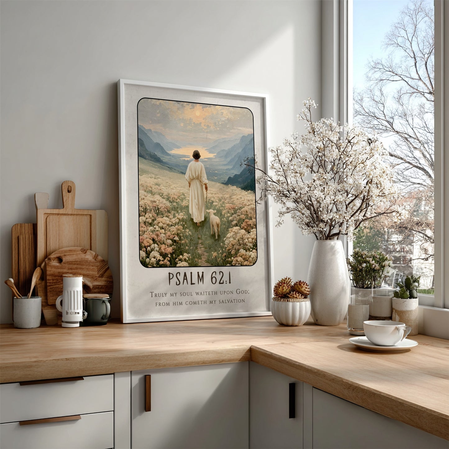 Psalm 62:1 poster featuring a serene landscape with a figure and sheep in soft pastel colors, ideal for