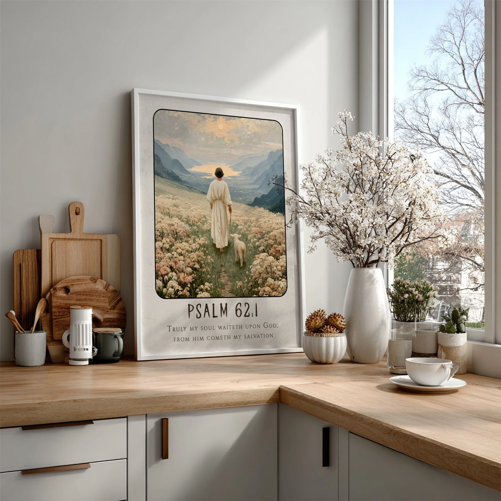 Psalm 62:1 poster featuring a serene landscape with a figure and sheep in soft pastel colors, ideal for