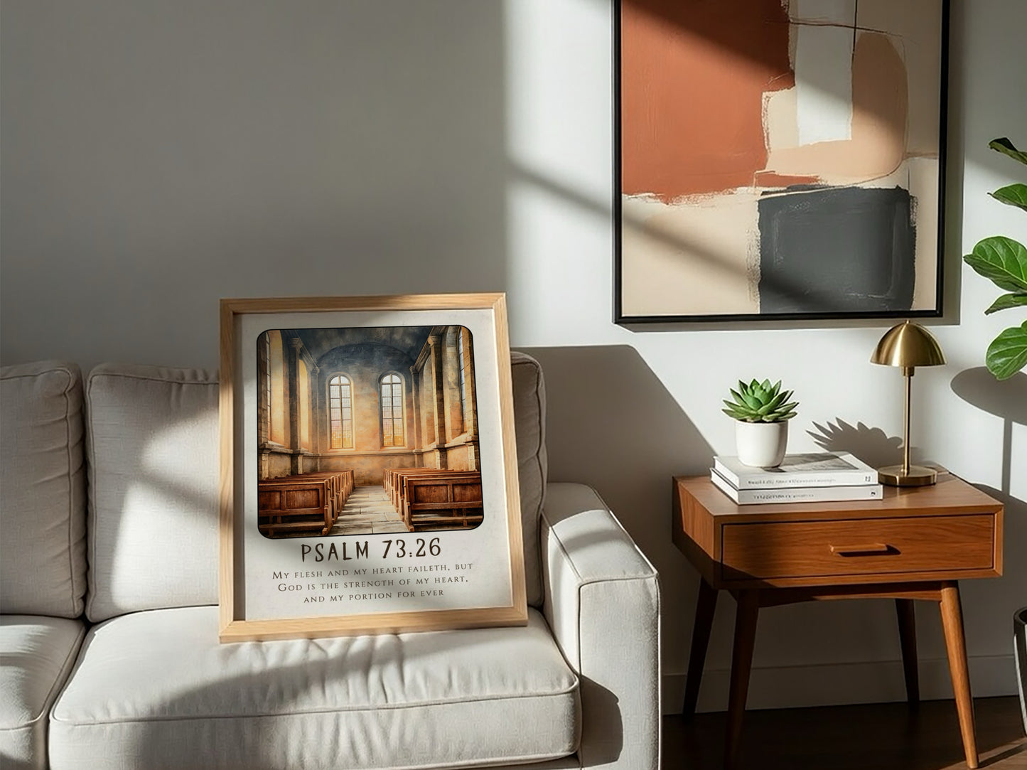 Psalm 73:26 poster featuring a serene church interior with warm tones, perfect for religious wall art.