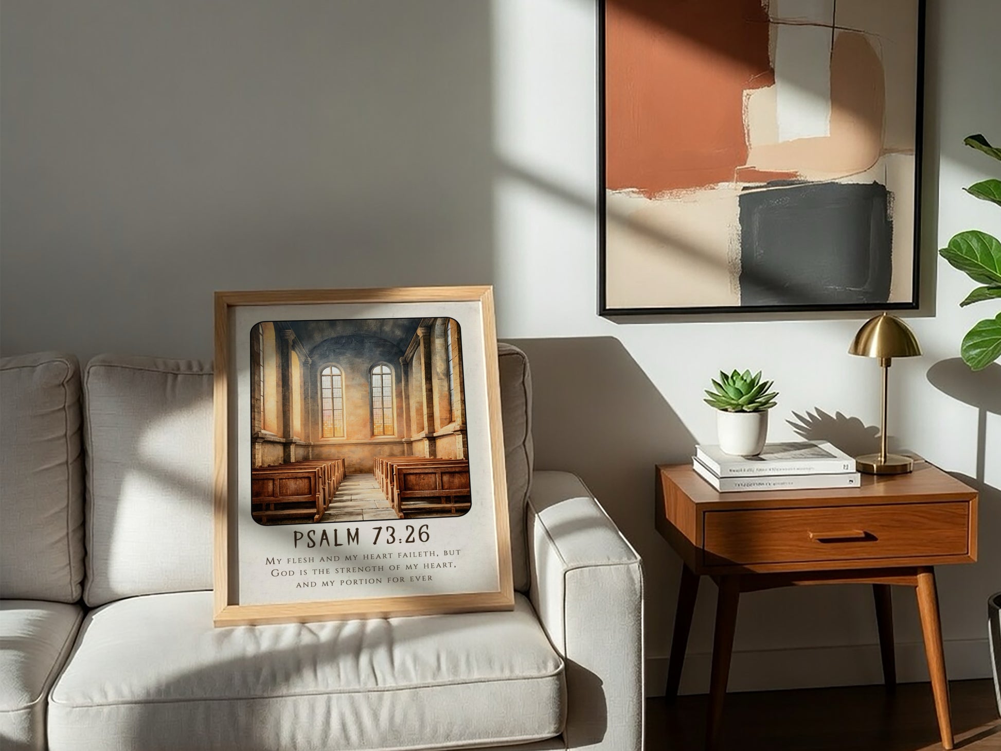 Psalm 73:26 poster featuring a serene church interior with warm tones, perfect for religious wall art.