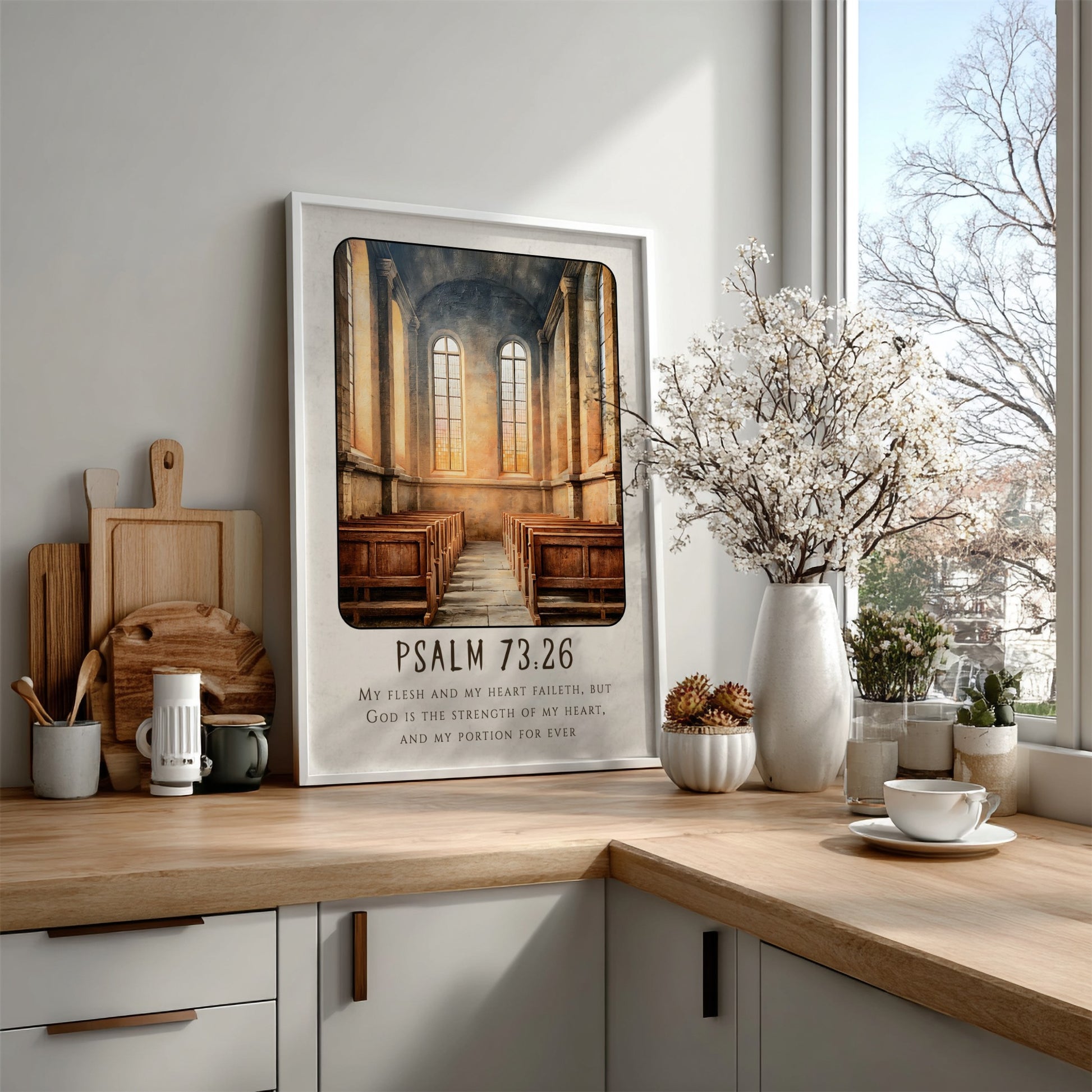 Psalm 73:26 poster featuring a serene church interior with warm tones, perfect for religious wall art.