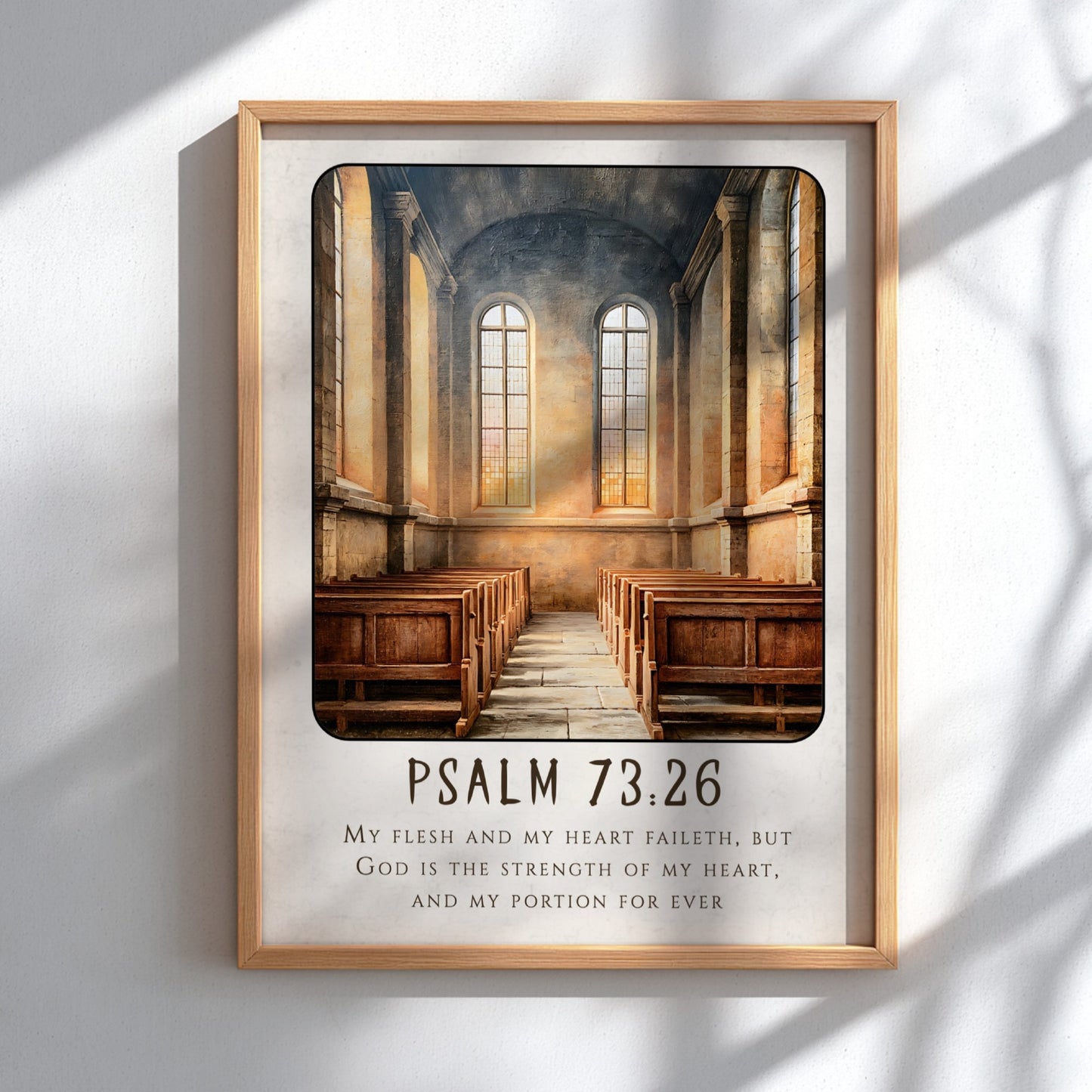 Psalm 73:26 poster featuring a serene church interior with warm tones, perfect for religious wall art.